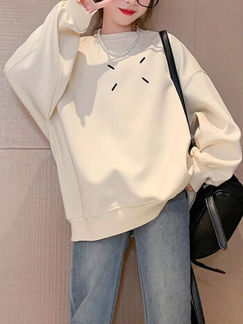 岁初中学生女秋装13大童女孩洋气16中小学生卫衣宽松薄款胖米白色170