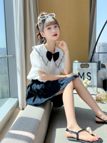 雅鹿童装儿童短袖衬衫套装女童连衣裙夏装洋气儿童百褶裙4-14岁新款