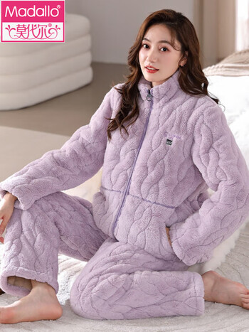 莫代尔睡衣女士秋冬季珊瑚绒三层加厚加绒夹棉袄冬天保暖休闲新款家居