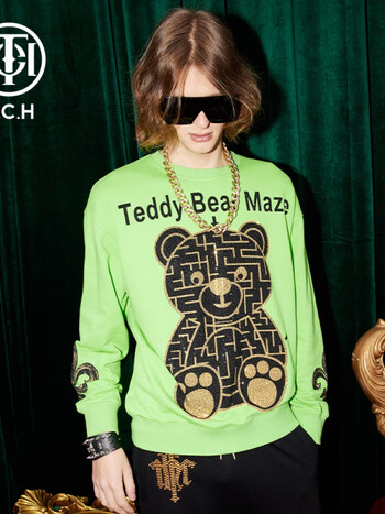 tch潮牌小熊字母烫钻绿色卫衣圆领衫t214116027s