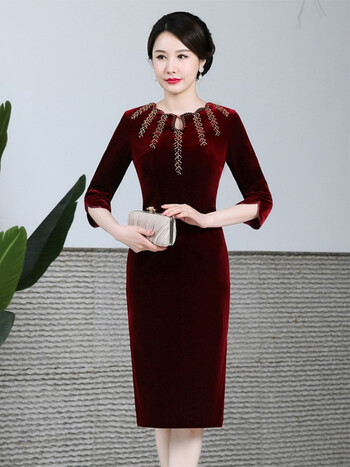 喜婆婆春秋装新款丝绒时尚气质钉珠小个子洋气阔太太丈母娘结婚宴礼服