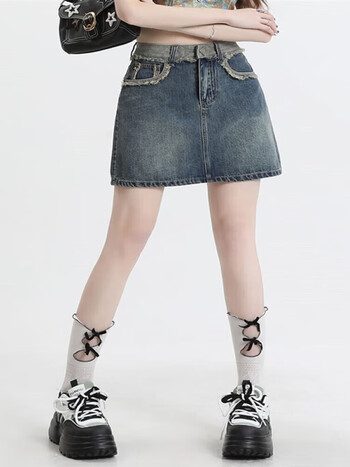 维伦凯逃离地球拼接毛边高腰牛仔半身裙女直筒显瘦光字包臀短裙子复古