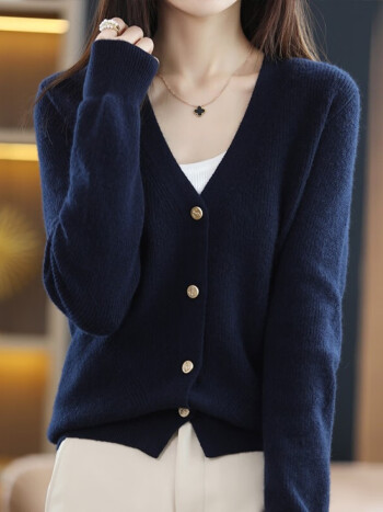 v领长袖纯羊毛针织衫女开衫时尚百搭元宝针毛衣外套羊毛衫上衣藏蓝色m
