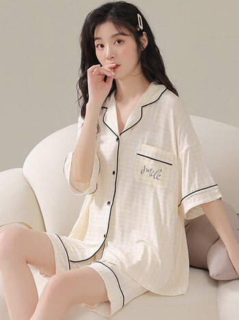 rtox夏季睡衣女莫代尔短袖短裤套装小众高颜值简约翻领居家服d38187m