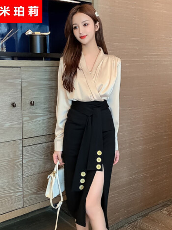 米珀莉性感连衣裙怎么搭配好看？2023新款小香风套装职业衬衣高腰开叉半身裙