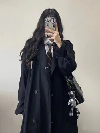 lanweifeilei女装黑色感风衣女春秋装中长款学院风大衣外套200斤黑色s
