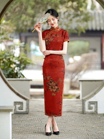 旗袍裙夏季新款复古改良时尚修身丝绸旗袍女中国风气质长款走秀旗袍