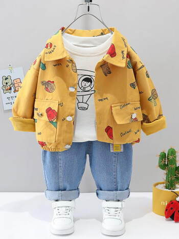 史努比童装婴儿衣服男宝宝春季卡通印花夹克外套牛仔裤三件套2022新款