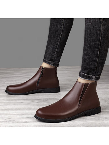 hornetcat品牌冬季新款切尔西靴男士头层牛皮高帮皮鞋时尚加绒短靴