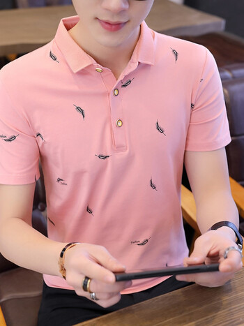 澜杉短袖男士2021新款纯棉潮流丅恤薄款带领子粉色polo男土冰丝t恤男