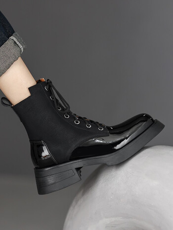 英伦风漆皮亮面炸街小短靴女士粗跟系带马丁靴ins潮酷工装靴子女厚底