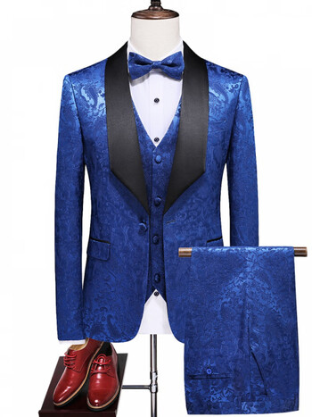 男主持人绣花青果领大码西服三件套红色新郎婚礼舞台演出礼服宝蓝色