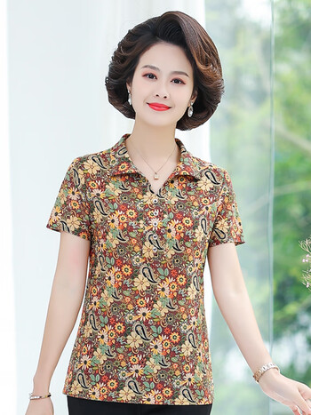m妈装带领有领子的上衣服短袖t恤中年老年4050腰果花3xl体重120130斤