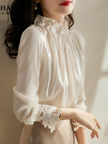 拉夏贝尔白色雪纺衬衫女士装春秋新款洋气时尚上衣小衫长袖衬衣米白色