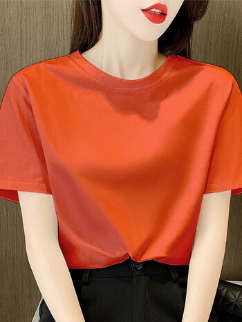 短袖t恤女纯棉宽松大码韩版百搭半袖ins潮上衣服圆领橘色l104115斤