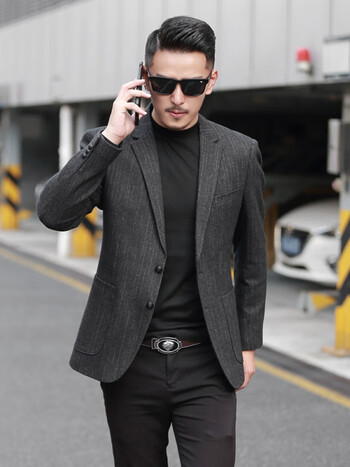 毛呢西装男修身呢子西服休闲加厚羊毛西装外套韩版单西上衣潮黑灰170m