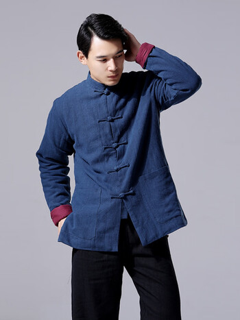 新中式服装男装冬款男式上衣时尚民族风加绒休闲款对襟衣藏蓝m