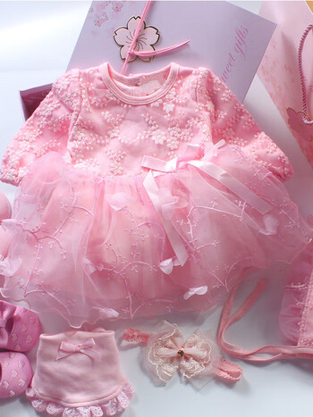 蕾丝连衣裙婴儿公主裙 粉色长袖裙 发带 帽子围嘴长袜鞋袜(礼盒装) 73