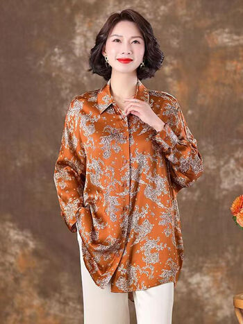 特价杭州重磅真丝衬衫女桑蚕丝长袖上衣中长款外搭开衫衬橘红色0533