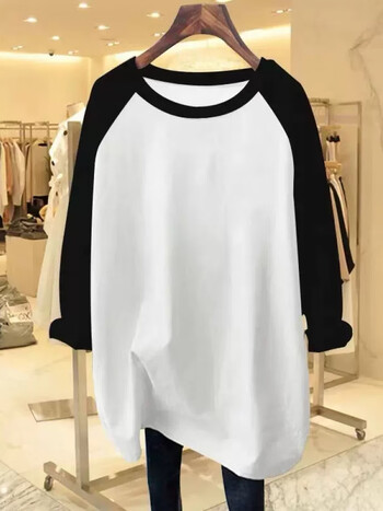 依库长袖t恤女秋冬季洋气内搭叠穿卫衣感中长款遮屁股打 黑白纯棉t恤