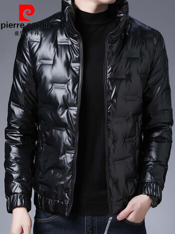 冬季白鸭绒亮面羽绒服男短款潮流立领棉质帅气漆皮冬装外套针织 黑色