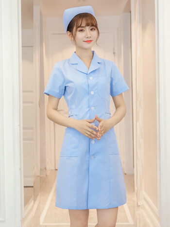 御芃护士服短袖女夏季粉色白大褂娃娃领大码护校美容院工作服定制印字