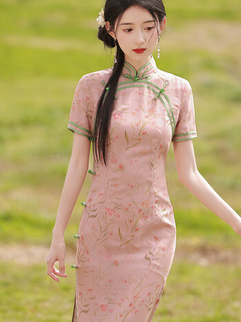 粉色m>罗蒙(romon)旗袍2023年新款年轻款少女复古气质高级感改良版