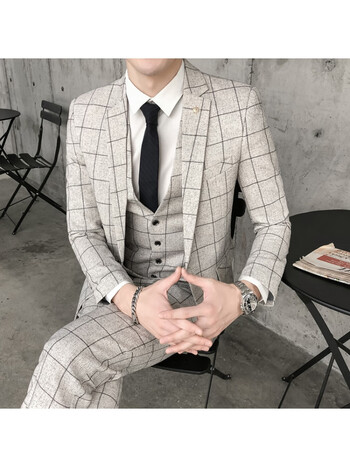 gv结婚西装男套装新郎高级感韩版休闲格子修身礼服商务正装西服免烫