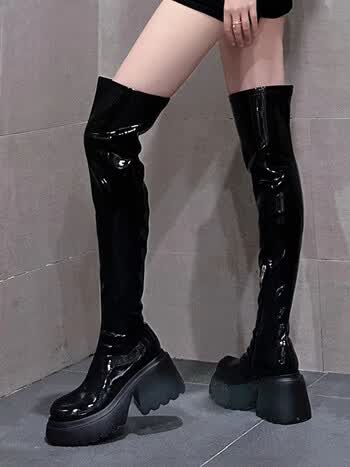 他程百丽牛皮版高跟厚底靴高筒骑士靴辣妹长靴过膝长筒靴女夏款黑色