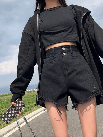 ckryzins新款牛仔短裤女夏宽松韩版双扣破洞高腰显瘦网红阔腿a字热裤