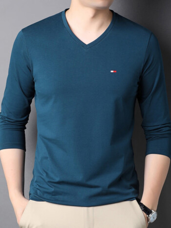 tommyjeans美国tommy汤米长袖t恤男v领纯棉透气休闲纯色上衣打底衫