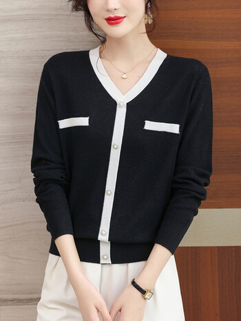 gemila 针织衫女v领长袖薄款羊毛衫春秋上衣短款黑色毛衣春秋打底衫内