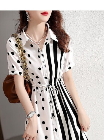 皮尔卡丹pierrecardin连衣裙2023新款时尚收腰显瘦气质裙子波点衬衫