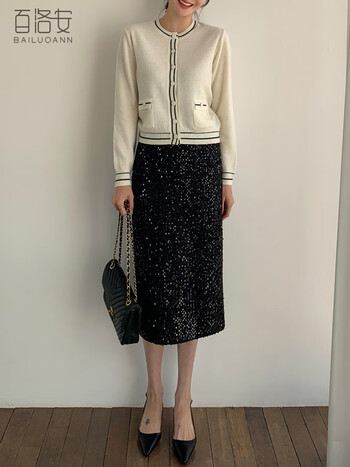 百洛安重工亮片半身裙女春季气质通勤高腰包臀裙百搭中长款一步裙黑色