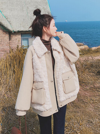 羊羔毛短外套女冬季小个子2023新款韩版设计感今年流行棉服米白色xs85