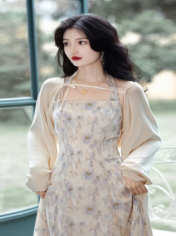 百俪佳媛法式碎花挂脖连衣裙女夏季港风chic长款裙子别致绝美裙子两装