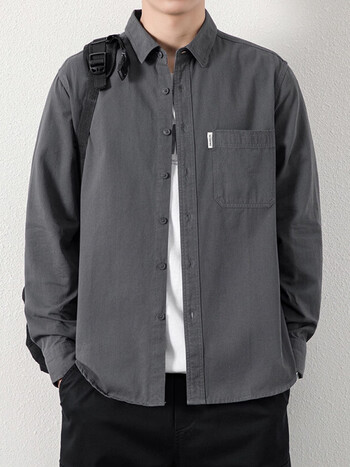 官方秋季新款男士长袖衬衫男宽松休闲工装衬衫外套水洗男深灰色xl