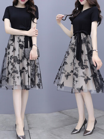 艾柔丹airoudan轻奢女装新款连衣裙女夏季气质短袖收腰显瘦名媛仙女