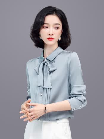 长袖春夏季新款女士时尚显瘦桑蚕丝设计感上衣衬衣女蓝色m建议90105斤