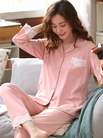 莫代尔棉睡衣夏季女士开衫长袖长裤休闲舒适衬衫家居服两件套34yxc