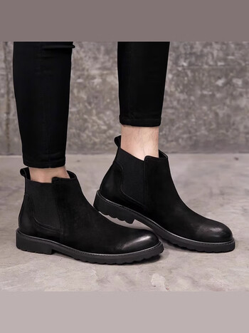 她马丁靴男圆头短靴冬季加绒英伦切尔西靴潮流复古高帮男款皮鞋黑色40