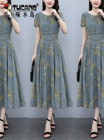 啄木鸟今年流行裙子大码女装2024年夏季新款200斤胖妹妹mm雪纺连衣裙