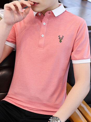 加洲公牛男士短袖t恤翻领潮流夏季男装纯色灰色简约休闲半袖上衣 粉色