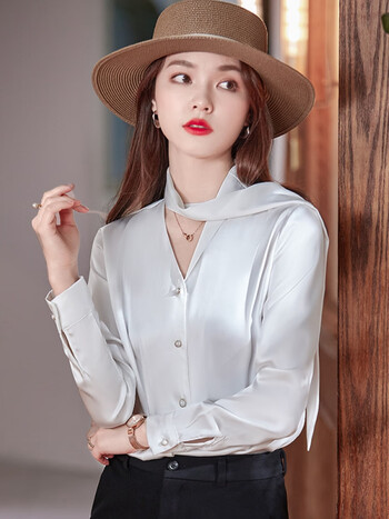 性感上衣春秋新款时尚职业上班族缎面30到40岁士衬衣单件白色衬衫xl