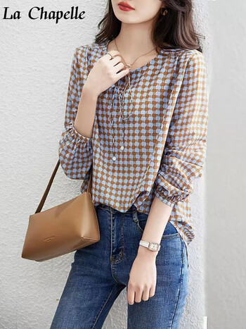 chapelle)女装长袖衬衫2023春夏季新款休闲长袖圆点印花衬衣仿棉女士