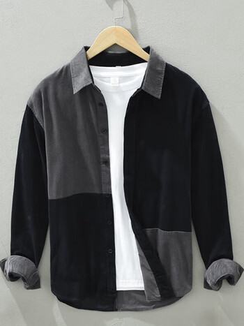 款灯芯绒长袖衬衫男士潮流拼接设计感休闲上衣男士宽松衬衣男灰色m