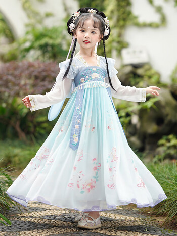 安妮优儿汉服女童秋装2023新款古风连衣裙子夏季女孩唐装儿童超仙古装