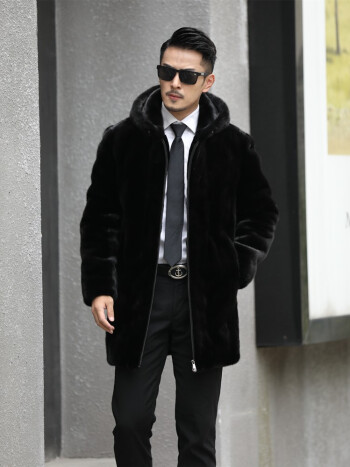 裕阡新款男士貂皮大衣水貂外套整貂皮皮毛一体长款拉链帽子款 黑色