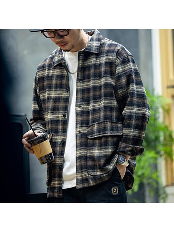 科顿杰斯纯格子衬衫男春季美式衬衣男士复古格子衫春秋休闲工装外套