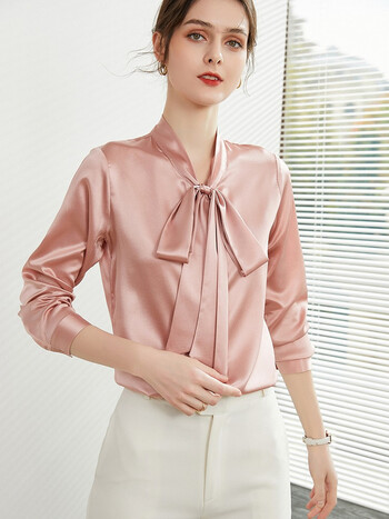女飘带领长袖系扣2022年春夏新款仿真丝时尚气质百搭衬衣at-9008 粉色